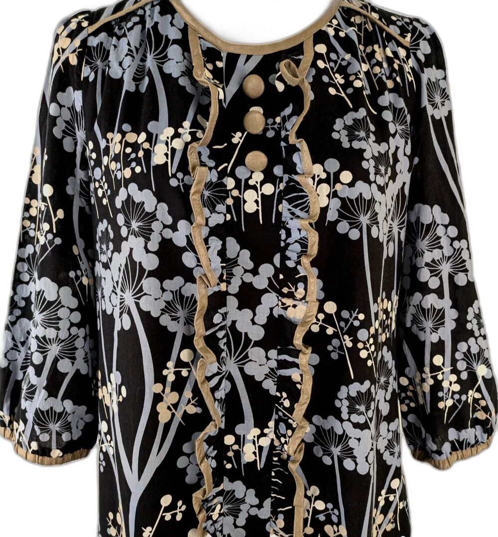 Theme Women's LG Black Blue Cotton Floral Shift Dress Ruffled Front